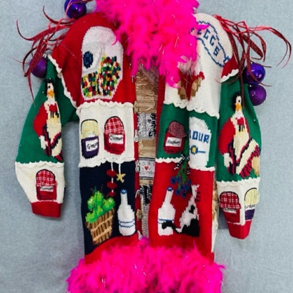 Vintage Handmade Ugly Christmas Sweater Pink Boa Purple Ornaments Jam This is th